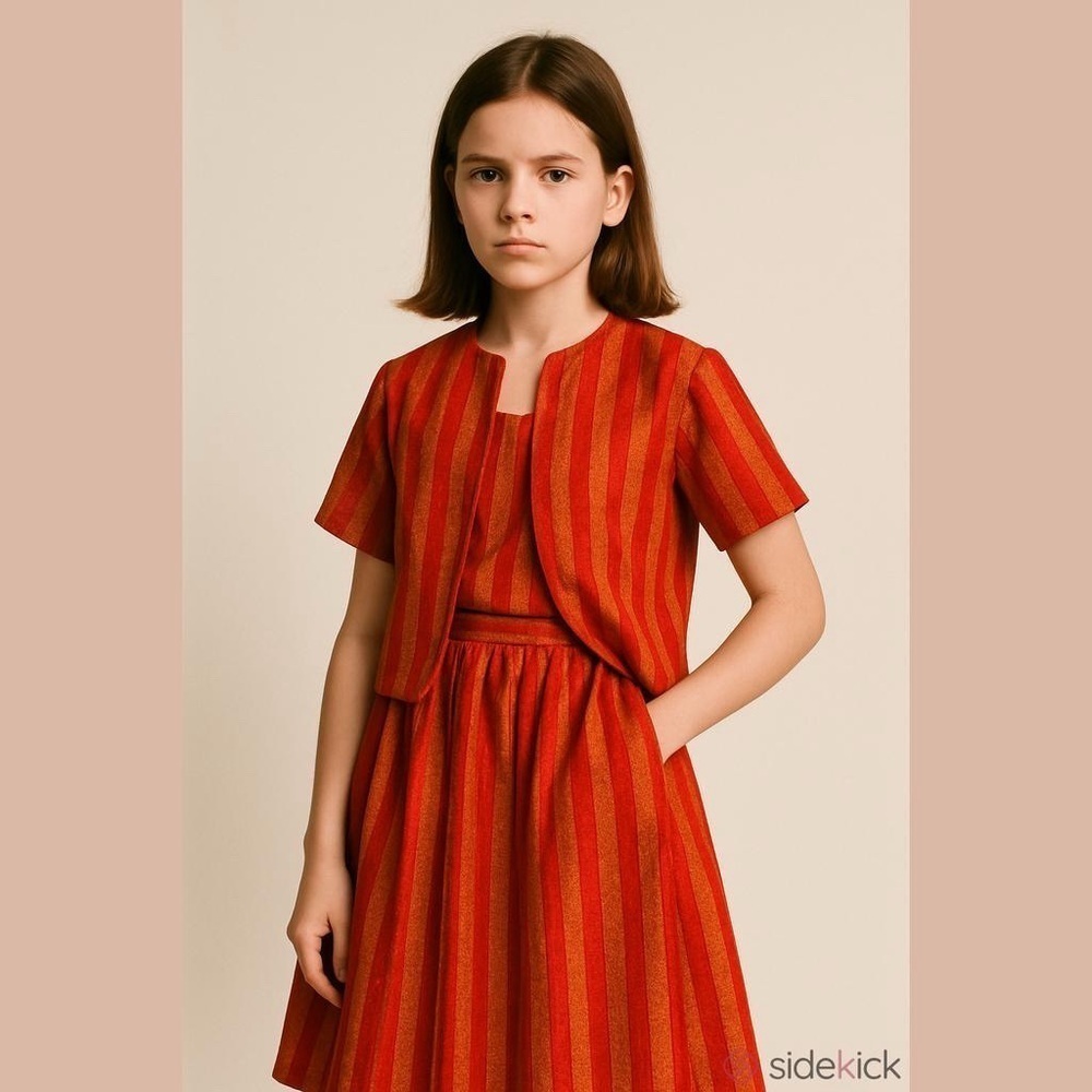 Handmade Orange Tweed Wool Cardigan Midi Skirt Set